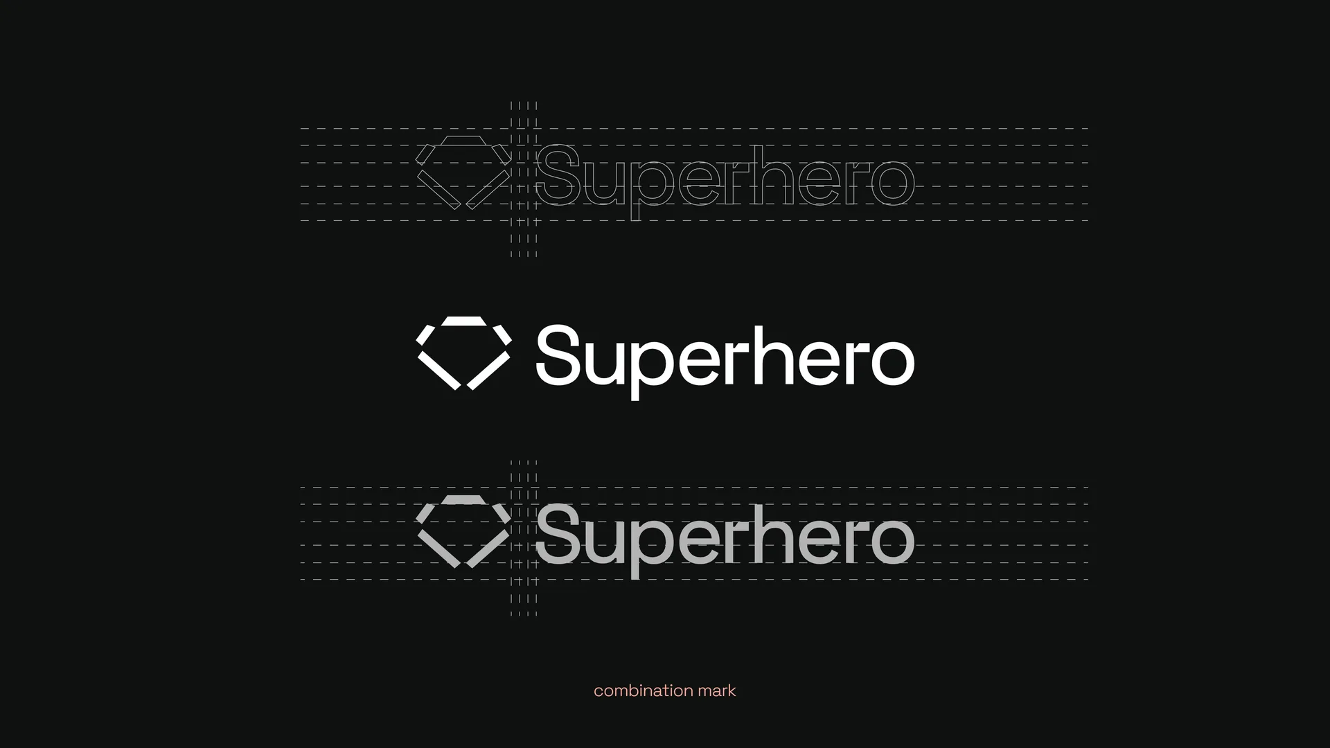 The Superhero combination mark with its construction grid versions, white diamond emblem and wordmark on charcoal