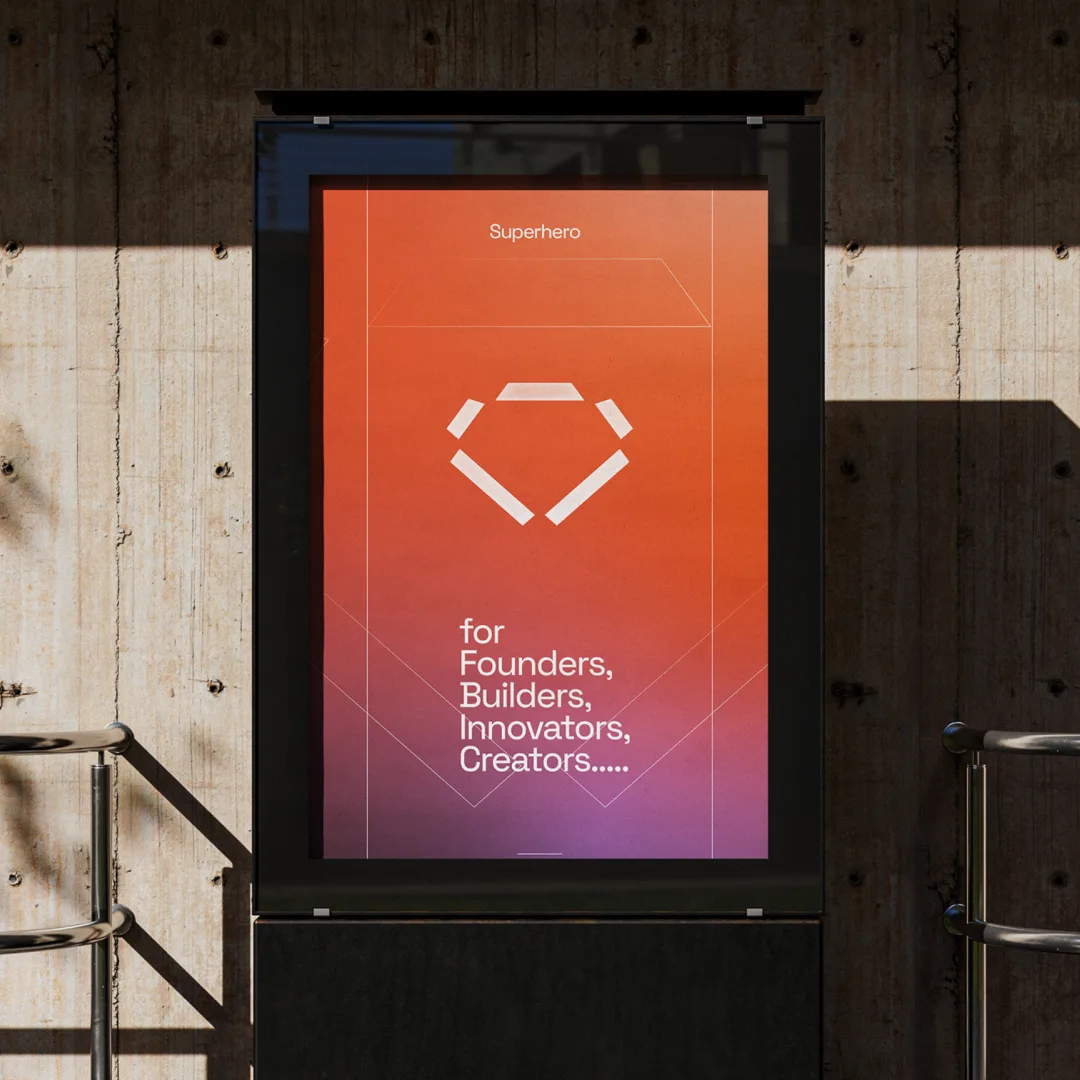 Superhero street poster on a concrete wall, fiery to lavender gradient