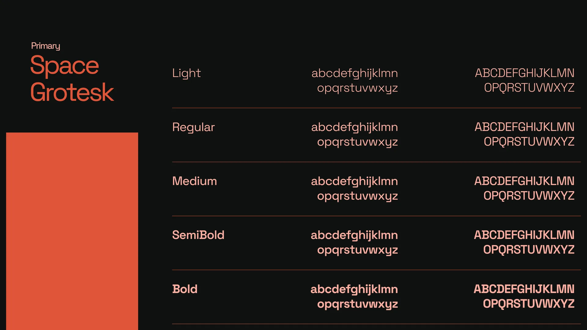 Space Grotesk type specimen across five weights, fiery orange on charcoal